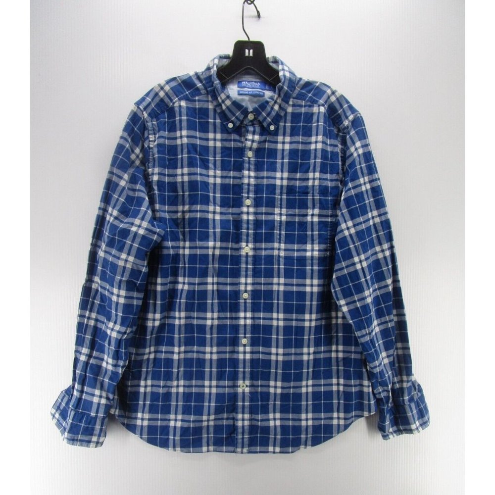 Nautica Shirt Large Button Up Blue Sail Nautical Plaid Classic Preppy